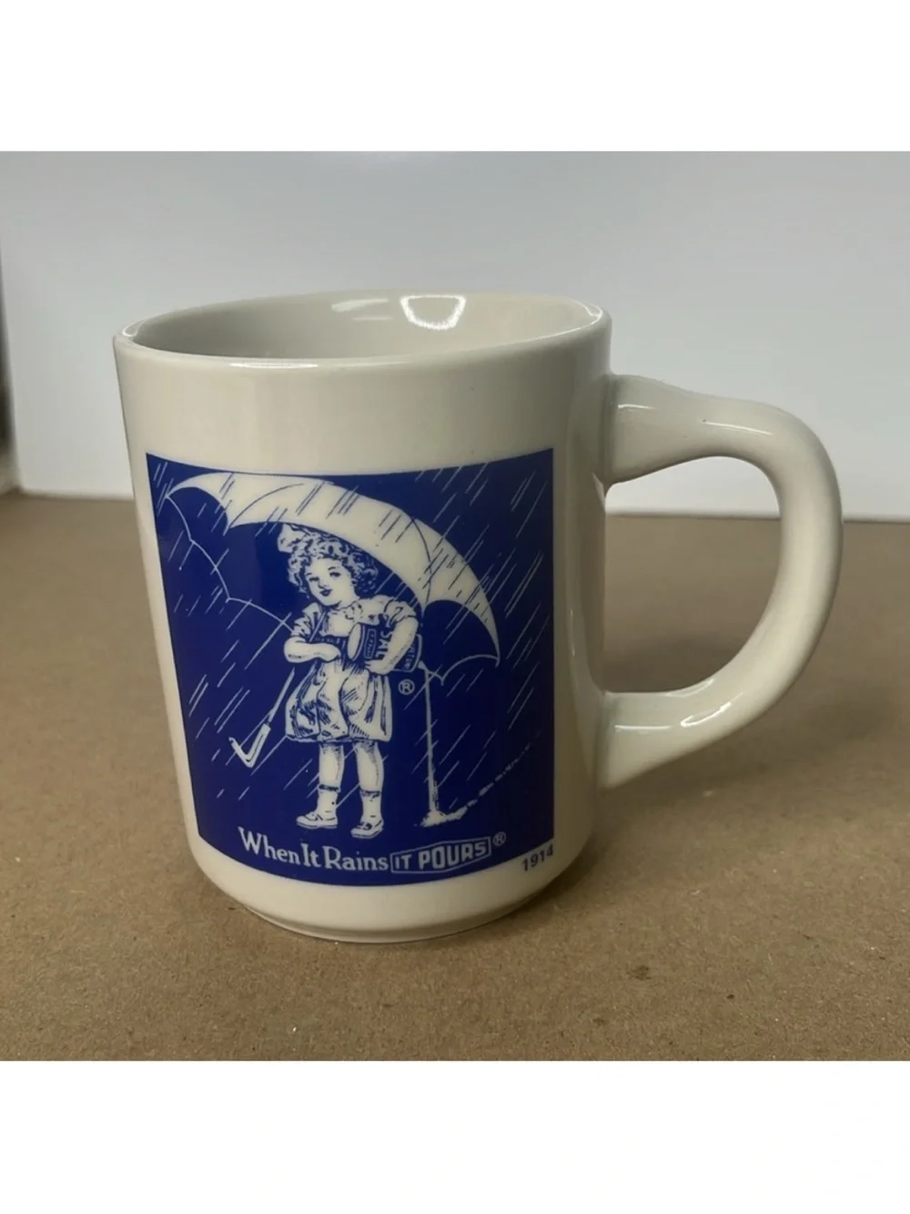 Vintage Morton’s Salt Blue & White 'When It Rains It Pours' 1921 Advertising Mug